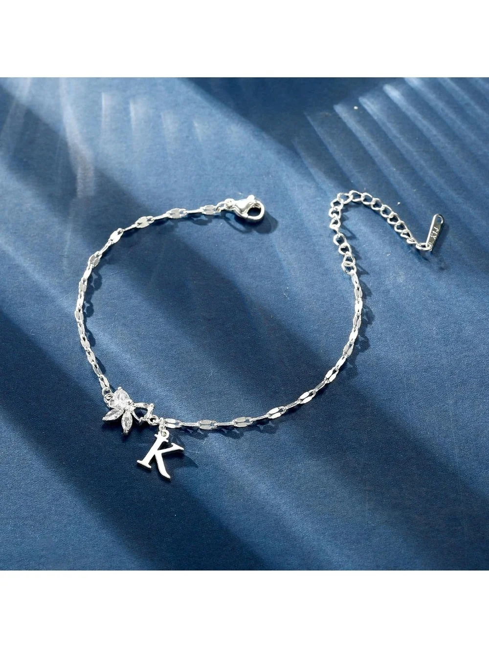 Initial Silver Anklet with Crystal Flower Charm MANY LETTERS AVAILABLE